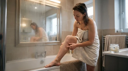 Une femme examine la peau de sa jambe devant un miroir de salle de bain après la douche pour repérer les zones rugueuses.