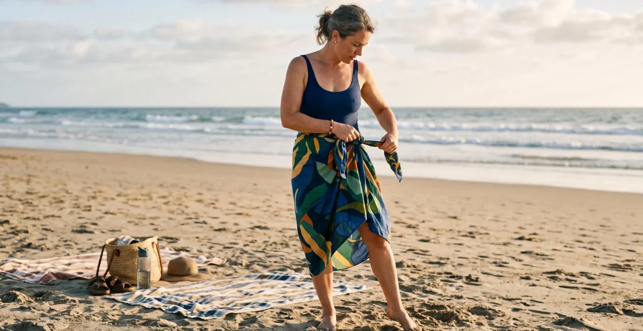 Une femme noue un paréo à grands motifs autour de sa taille sur une plage en fin d'après-midi.