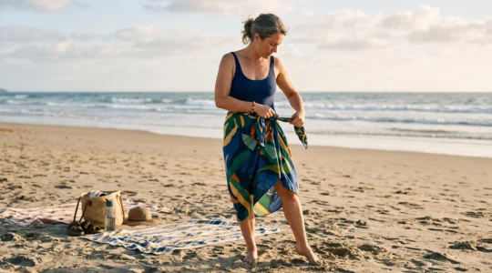 Une femme noue un paréo à grands motifs autour de sa taille sur une plage en fin d'après-midi.