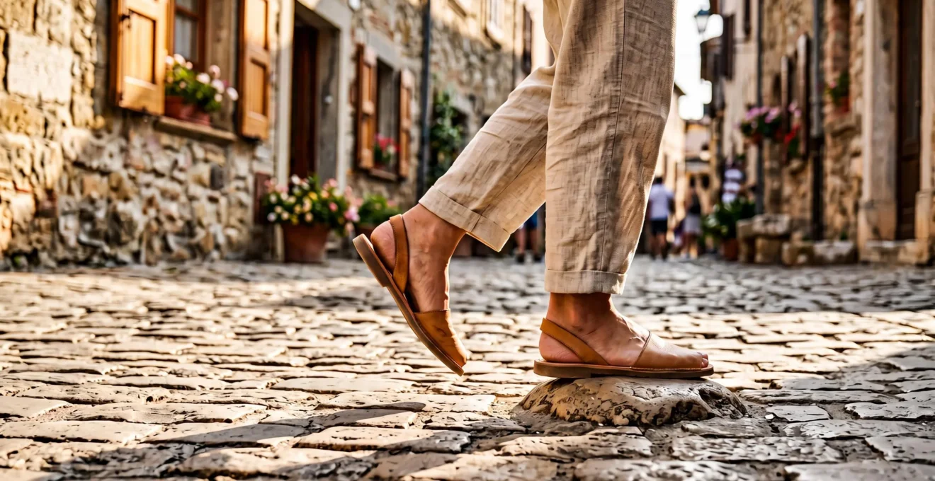 Une femme marche sur une rue pavée ensoleillée en portant des sandales en cuir à bride arrière.