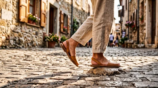 Une femme marche sur une rue pavée ensoleillée en portant des sandales en cuir à bride arrière.
