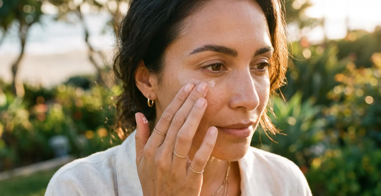 Application d'un soin contour des yeux en extérieur lors d'une journée ensoleillée.