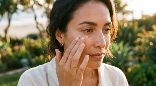 Application d'un soin contour des yeux en extérieur lors d'une journée ensoleillée.