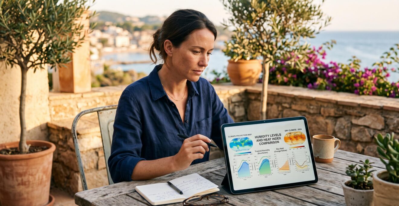 Une femme analyse des cartes climatiques détaillées pour choisir une destination adaptée à la température et à l'humidité pour ses vacances en tenant compte de l'ensoleillement, de la chaleur et de la météo.