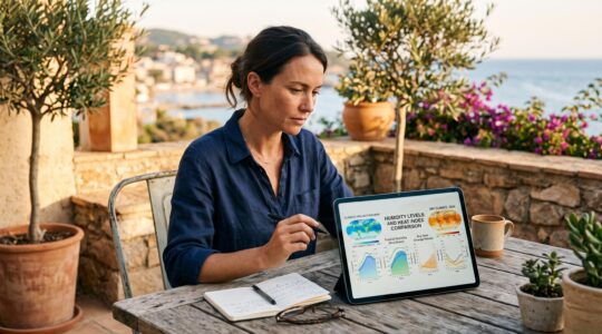 Une femme analyse des cartes climatiques détaillées pour choisir une destination adaptée à la température et à l'humidité pour ses vacances en tenant compte de l'ensoleillement, de la chaleur et de la météo.